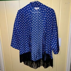 Olsenboye Blue Boho Open Front Black Fringe Y2K Hippie Draped Cardigan Size XS